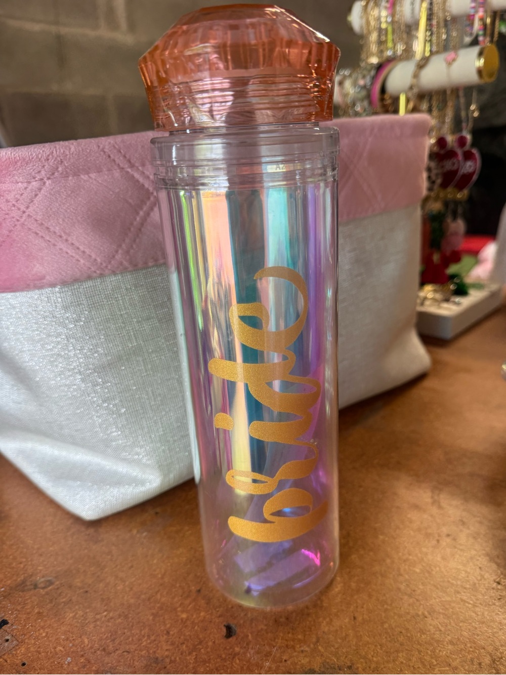 Iridescent Bride Acrylic Water Bottle with Pink Gem Lid